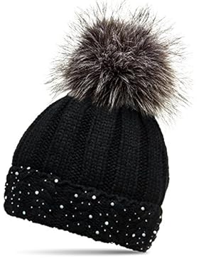 CASPAR MU165 Damen Mütze Strickmütze mit Fellbommel und dezentem Glitzer Strass Dekor