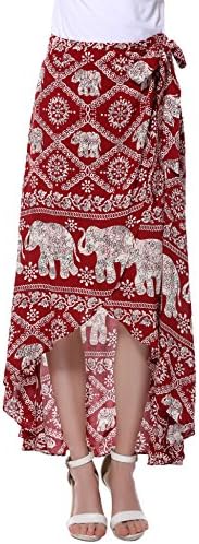 Vessos Womens High-Low Hem Flower Printed Tie up Waist Wrap Maxi Skirt Cover Up (Large, Red-1)