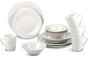 alpina Dinner Set for 4 People - Plates and Bowls Set - Earthenware Tableware - Dinner Plates, Dessert Plates, Bowls and Mugs - Microwave and Dishwasher Safe - White