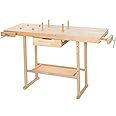 tectake® Wooden Workbench with Spacious Worktop, Drawer & Built-in Shelf, Sturdy & Multi-Functional Woodwork Bench with 2 Bench Vices, Ideal as DIY, Workshop & Garage Workbench - 137 x 50 x 87 cm