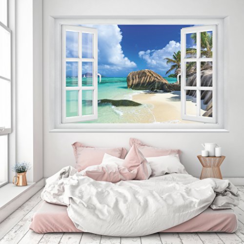 FOTOTAPETE ,,Tropical Window 2T3' 127cm x 183cm Fenster Ausblick Meer Strand Dünen Ozean Tapete inklusiv Kleister