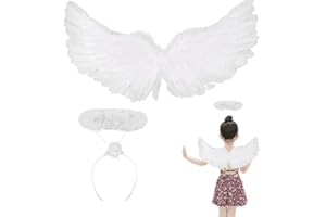 YEAPEAK Ali Angelo Bianche, Ali da Angelo, Ali di Piuma, Ali Angelo Piumate, Costume da Angelo Ali Bianche con Ed Aureola, Ali d Angelo per Carnevale, per Bambini Ali Costume per Feste di Cosplay