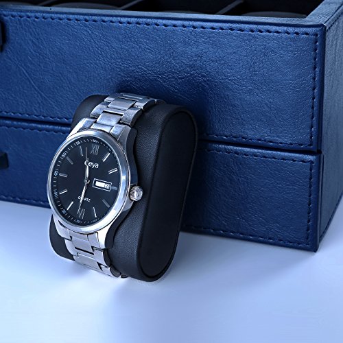 Songmics Uhrenbox für 10 Uhren Uhrenkoffer Sichtfenster aus PU und Glas blau JWB012L - 9