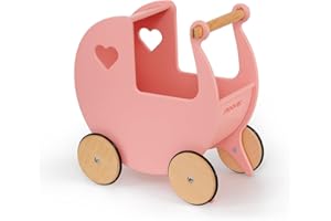 Moover Classic Doll's Pram for Toddlers, Fully Assembled, Designed in Denmark from Russian Birch Plywood, Push Along Toy, 18 Months+, 44 x 43 x 24 cm, Coral Pink and Natural Wood