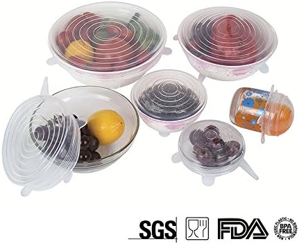 6 Pack Silicone Stretch Lids Multi-Size Stretchable Food Covers for Bowls, Cups, Pots, Can, Mason Jar - Flexible Container Sealer Reusable Durable Freezable Microwavable Cover by Sunsang (transparent)