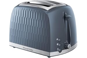Russell Hobbs 26063 Toster na 2 kromki, współczesny wzór plastra miodu z bardzo szerokimi otworami i funkcją wysokiego podnoszenia grzanek, kolor szary
