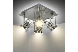 Depuley Modern 4 Way LED Ceiling Light with Square Plate, 3000K Warm White, Swiveling Spotlight, Brushed Nickel Chrome Kitchen Light for Living Room, Bedroom, Kitchen (4xGU10 Bulbs Included)