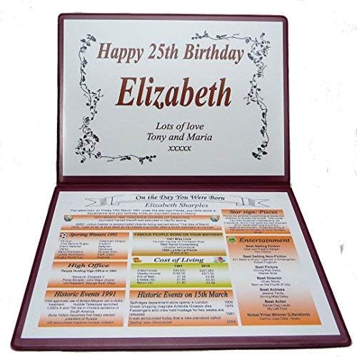 NWM-Gifts PERSONALISED 25th BIRTHDAY GIFT -THE DAY YOU WERE BORN - KEEPSAKE. AVAILABLE IN 21st, 30th, 40th, 50th, 60th, 65th,70th and 75th