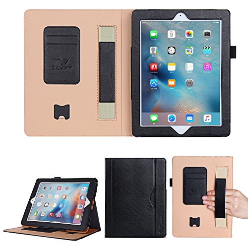 SAVFY iPad 2/3/4 Hülle Auto Sleep Wake up Funktion Business Serie Case Smart Cover mit Klettverschluss Handschlaufe, Kartensteckplätze schwarz - 7