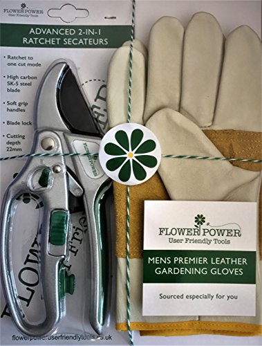 Mens Leather Gardening Gloves and Advanced 2-in-1 Ratchet Secateurs Set - Premier Work Gloves & Heav