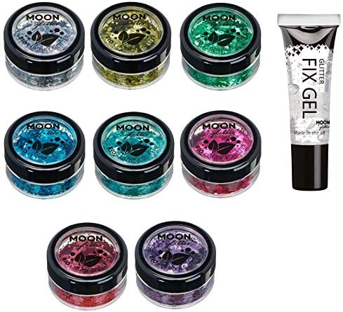 Biodegradable Eco Chunky Glitter by Moon Glitter - Set of 8 Colours + Fix Gel - Cosmetic Bio Festival Makeup Glitter for Face, Body, Nails, Hair, Lips - 3g