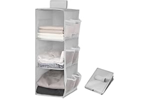 QUMENEY Hanging Wardrobe Storage Closet Organiser Hanging Storage Shelves With Side Pockets Clothes Organiser Space-Saving and Foldable Bedroom Storage Grey (3 Layers)