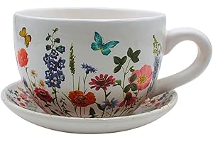 Dekohelden24 Maceta, Maceta, macetero, macetero, macetero, macetero, macetero, macetero con asa de cerámica, diseño de Prado de Flores, 20 x 15 x 12 cm (Largo x Ancho x Alto).