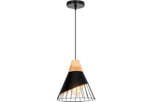 TOKIUS Suspension Luminaire Moderne Industrielle Bois Lustre Abat-jour Métal Vintage forme Cage Ø25cm Plafonnier E27 Design pour Cuisine Chambre Salon