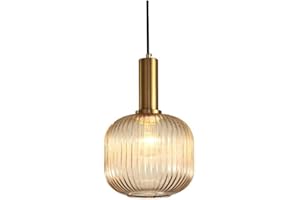 HJXDtech - Suspension Luminaire Industrielle Vintage en Verre Nervuré,Plafonnier avec fini en laiton poli Lustre,Suspension Lampe de Salle à Manger Cuisine Salon Chambre (Ambré, 20CM)