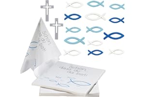 KOHMUI 60 Stücke Holz Fische Deko und 20 Servietten 'Schön, DASS du da bist!', Blau Weiß Dekoration Tischdeko für Taufe, Kommunion Konfirmation oder andere Festliche Anlässe