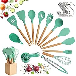 Ensemble d'ustensiles de cuisine avec tête en silicone, poignée en bois et récipient en bois (23 pièces + crochets suspendus en prime) - Ensemble ustensiles d'Outils de cuisine - Vert