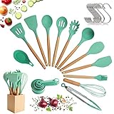 Aprobado por la FDA y sin BPA Set de utensilios para cocinar con cabeza de silicona, mango de madera y recipiente de madera (23 piezas + ganchos colgantes extra) - Set de utensilios de cocina - Verde