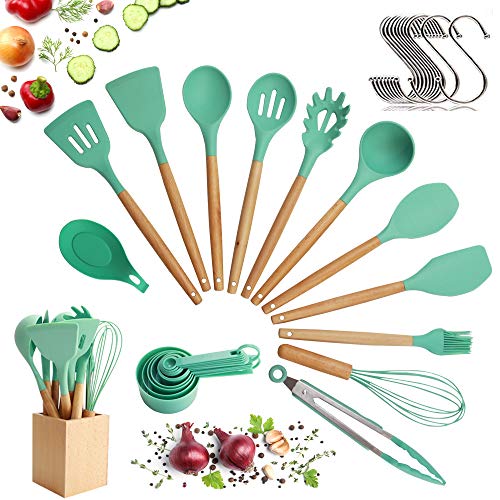 Ensemble d'ustensiles de cuisine avec tête en silicone, poignée en bois et récipient en bois (23 pièces + crochets suspendus en prime) - Ensemble ustensiles d'Outils de cuisine - Vert