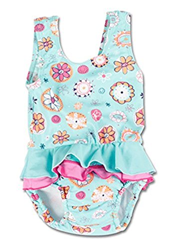 Bright Bots - 6/12m Baby Girls UPF50+ Australian All in One Swim Nappy Costume Turquoise with Frill