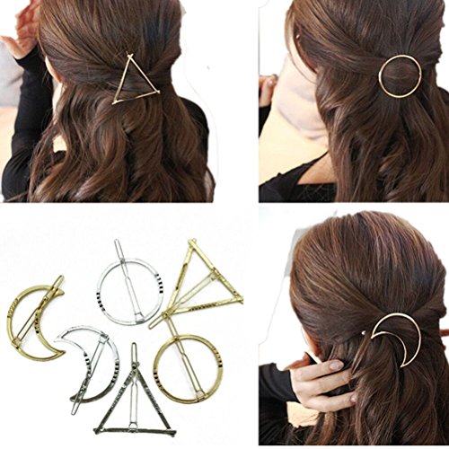 Cuhair 6pcs Minimalist Dainty punk metal Gold Silver Hollow Geometric Metal Hairpin Hair Clip Clamps,Circle, Triangle and Moon
