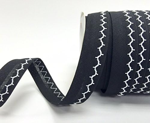 White Zig Zag Stitch on a Black 18mm Prefold Bias Binding by Fany on a 2m Length (N.B. this is a cut from a roll)