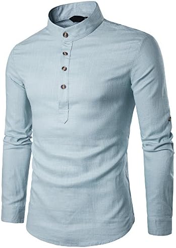ADESHOP Men's Long Sleeved Shirt, Stand Neck Long-Sleeve Daily Look Linen Shirts Tops Blouse BU/M(Blue, M)
