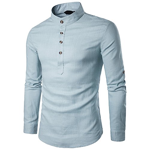 ADESHOP Men's Long Sleeved Shirt, Stand Neck Long-Sleeve Daily Look Linen Shirts Tops Blouse BU/M(Blue, M)