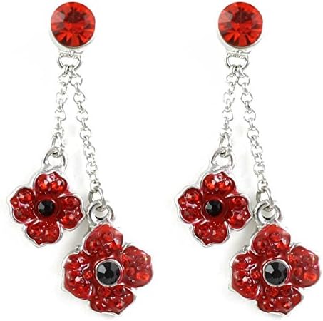 Remembrance Poppy - Charity Donation Gift - Remembrance Double Drop &amp; Front Stud Earrings Combat Stress In Jewellery Box