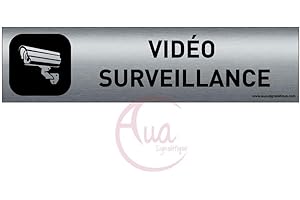AUA SIGNALETIQUE - Plaque Aluminium brossé imprimé AluSign DARK - 200x50 mm - Double Face adhésif au dos (Vidéo surveillance)