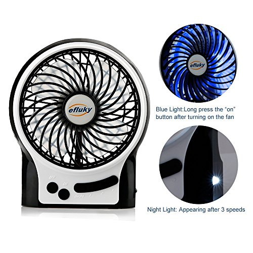 efluky 4.5 Zoll Mini USB aufladbare Fan 3 Geschwindigkeiten mit LED-Licht Beweglicher Tischventilator Kühlventilator Tischventilator -Laptop-Fan für Heim und Büro, Innen- und Außenbereich (schwarz) - 5