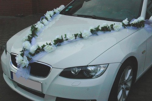 ROSEN GIRLANDE Auto Schmuck Braut Paar Rose Deko Dekoration Autoschmuck Hochzeit Car Auto Wedding Deko (Weiß / Weiß) - 2