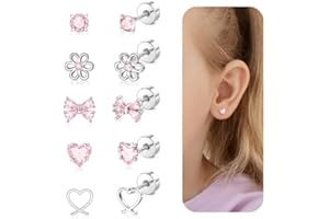 DAILI Earrings for Girls, Hypoallergenic Flat Back Stud Earrings for Kids Baby Women,Lightweight Titanium Cute Pink Bow Butterfly Heart Flower CZ Screw Back Earring for Sensitive Ears