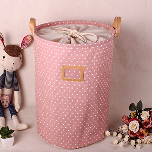Addfun®Prämie Stoff Faltbare Runden Wäschekorb,Gestreift Kleider Wäschekorb Kinder Spielzeug Lagerung Halter mit Lids(Rosa Punkt)