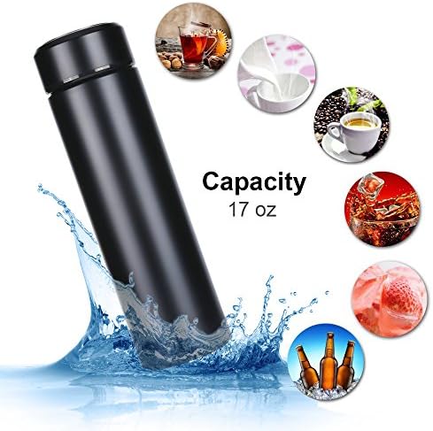 Stainless Steel Insulated Water Bottle, Double Walled Vacuum Keeps Your Drink Hot &amp; Cold, Office &amp; Sport Bottle with Filter Wide Mouth Powder Coating (17oz/500ml-Black)