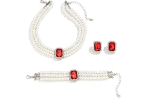 Cubahop Wedding Bride Pearl Gemstone Necklace Bracelets and Earring Set Crystal Necklace Party Wedding Jewelry Sets for Women and Girls