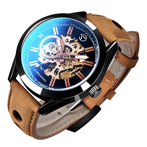 Gute - Reloj mecánico automático para Hombre, analógico, Casual, Correa de Piel marrón, Esfera Negra