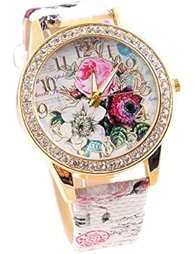 Damen Luxury Uhren, Keepwin Frauen Charme Bunt Blumen Dial Diamant Goldton Armbanduhr Analoges Quarzwerk Kunstlederuhr...