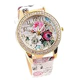 Damen Luxury Uhren, Keepwin Frauen Charme Bunt Blumen Dial Diamant Goldton Armbanduhr Analoges Quarzwerk Kunstlederuhr (C)