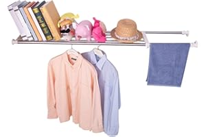 Hershii Expandable Shelf Organiser Extendable Wardrobe Rail Tension Rod Airing Cupboard Shelves No Drill Adjustable Wardrobe Closet Divider for Bathroom, Kitchen, Above Refrigerator, Bookcase