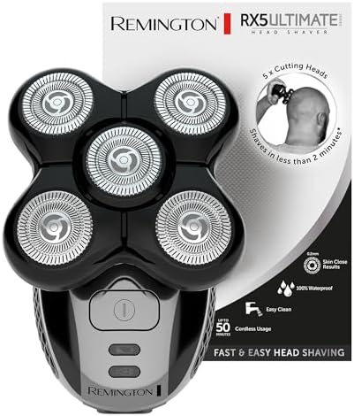Remington Rasoio Testa Calva Uomo - Lama a doppia traccia flessibili - Rasoio a testine Rotanti al litio, 5 testine di rasatura, Raccolta peli, Rifinitore, Rasoio Elettrico RX5 XR1501