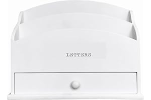 GreyZouq Wooden Letter Rack. Home office, study, hallway study. Two compartments for letters and handy drawer for stationary storage. Vintage/contemporary Letters text (white typed)