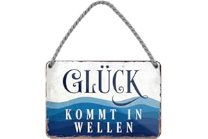 HELGES-SHOP Glück kommt in Wellen - Metallschild mit Kordel und Saugnapf - maritime Wanddeko oder Türdeko für Strandkorb Badezimmer Garten Balkon Terrasse Balkon Eingang Lieblingsplatz Boot Garage - 18x12cm