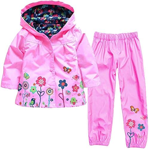 LLXX Kids Girls Raincoat Rain Trouser Age 2-7 Classic Printed Waterproof Hooded Coat Jacket Outwear Raincoat Snowsuits