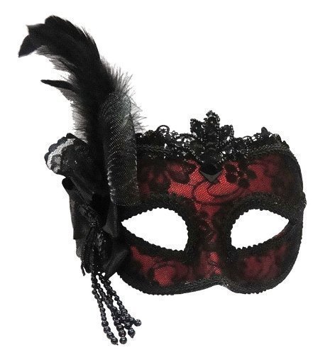 DAMEN QUALITÄT BURLESKE ROT mit Schwarz Spitze und Federn venezianische Maskerade KARNEVAL PARTEI AUGEN MASKE AUF STIRNBAND