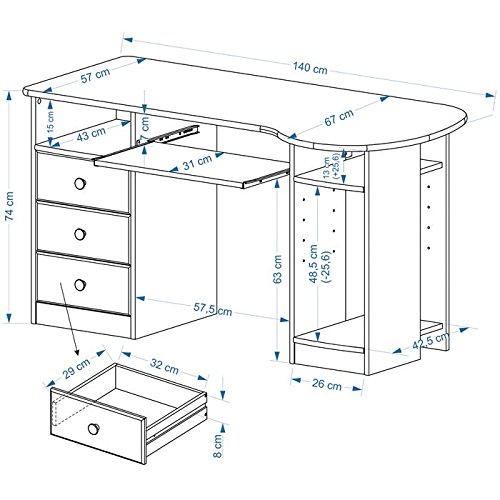 IDIMEX Bureau multi rangements BOB, tiroirs casiers support clavier pin massif vernis naturel
