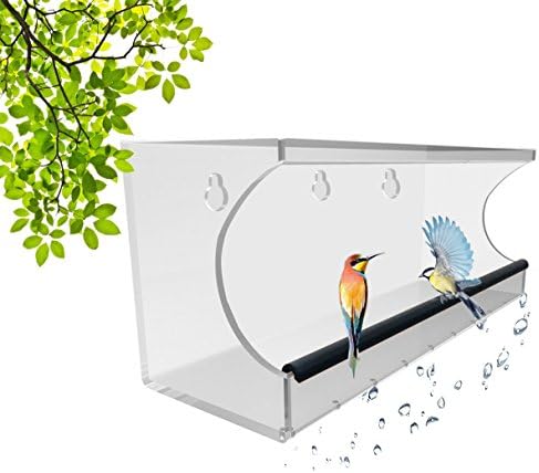 Window Bird Feeder for Outside with Deep Tray, Drain Holes and 3 Free Extra Suction Cups. Large and Clear Bird Feeder