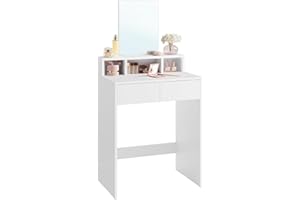 VASAGLE KAILYN Collezione - Toeletta con Specchio Grande, Postazione Trucco con 2 Cassetti e 3 Scomparti, Tavolo da Trucco, Stile Moderno, Bianco RDT103W01