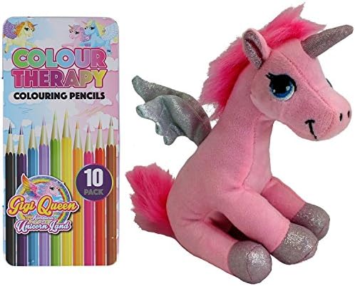 Gigi Queen 7" Plush Sitting Winged Unicorn & 10PC Colour Therapy Colouring Pencil Set