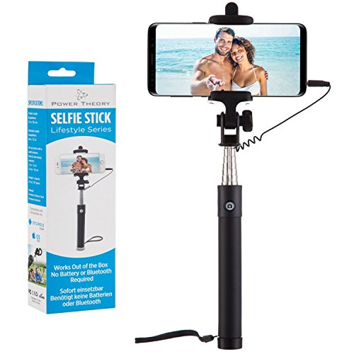 Palo Selfie Stick con Cable de Power Theory para Tel  fonos M  viles Android  iPhone 6s  6 Plus  5  5s  5c  4  4s y Samsung Galaxy S3  S4  S5 y S6 Edge Mini  No Precisa Bater  a ni Bluetooth  Extensible  Telesc  pico  No Necesita Configuraci  n  Negro 